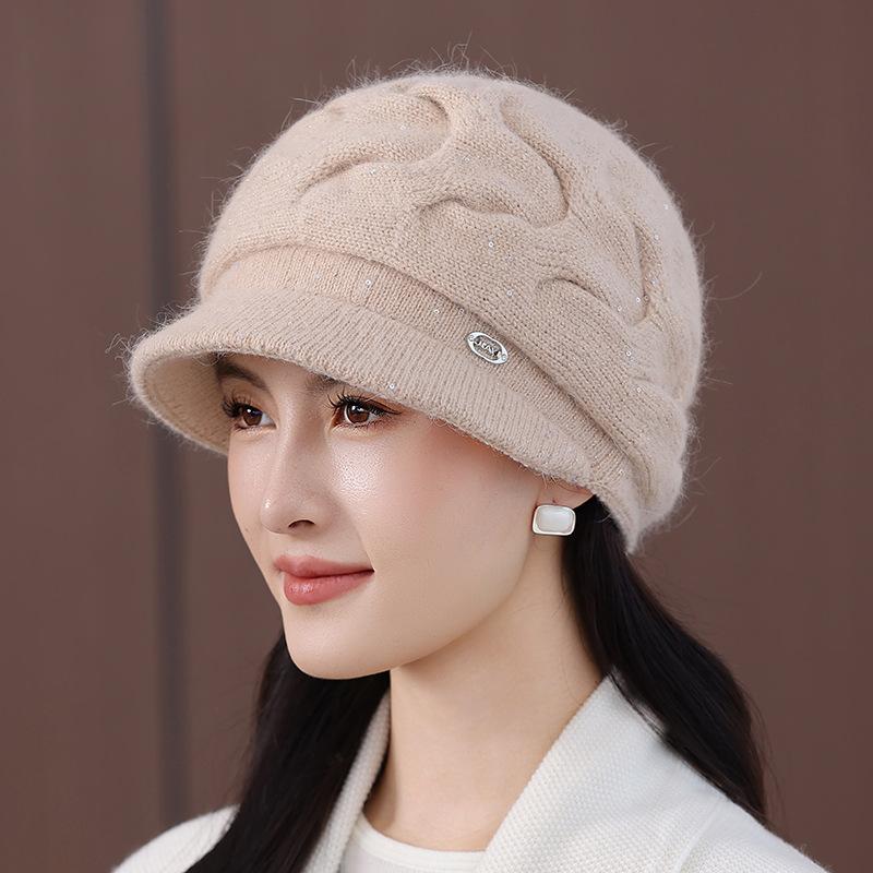 Wool Hat for Women's Autumn and Winter New Middle-aged Velvet Thickened Cold-proof and Warm Knitted Hat