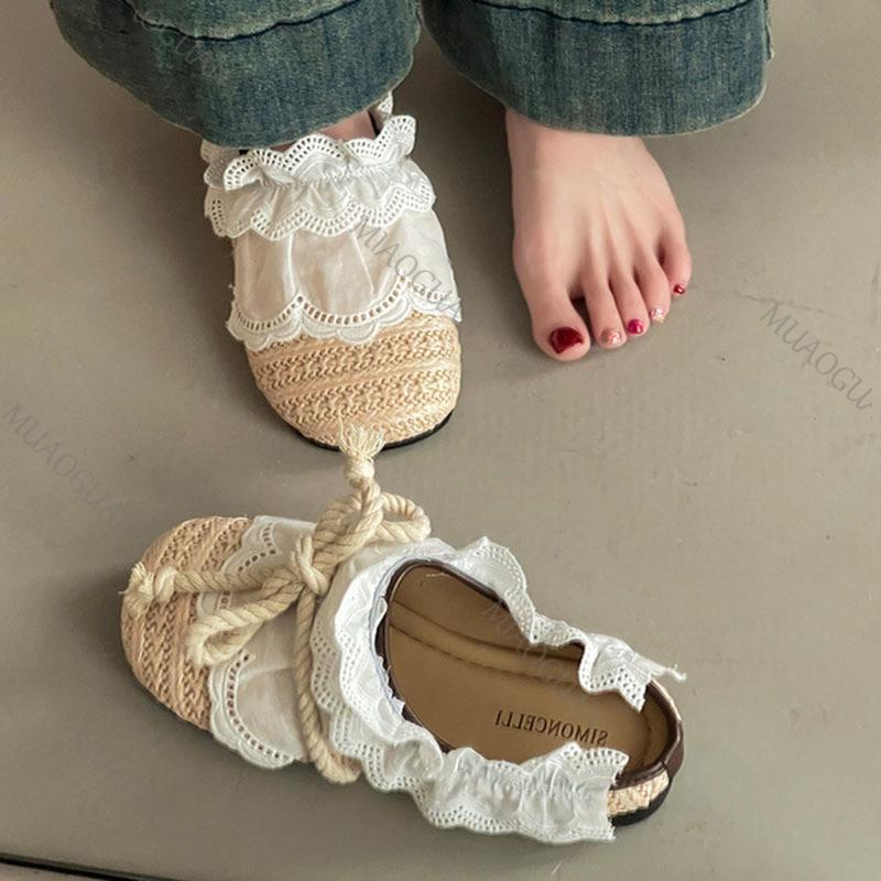 Fashion Women Casual Flats 2025 Summer New Lace Weave Breathable Straw Slippers Outdoor Fashion Bow-knot Comfortable Mules Half Slipper