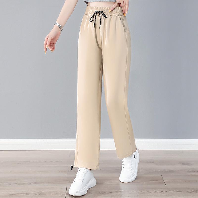 Women's Stylish High-Waist Ice Silk Wide-Leg Pants - Summer, Lightweight, Drapey, Middle-Aged Style