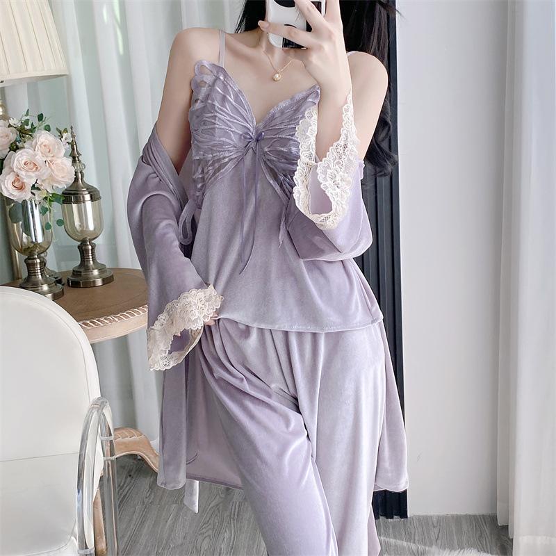 New golden velvet autumn and winter pajamas women's sexy backless suspender trousers set butterfly nightgown with chest pad air-conditioned clothes