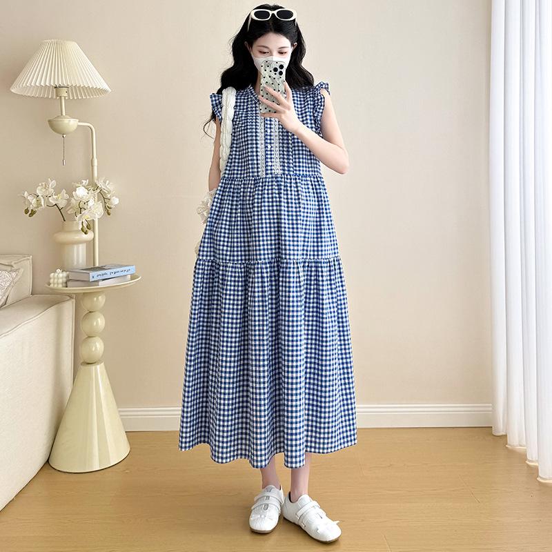 2025 Summer Korean Plaid Lace Midi Maternity Dress Maternity XL