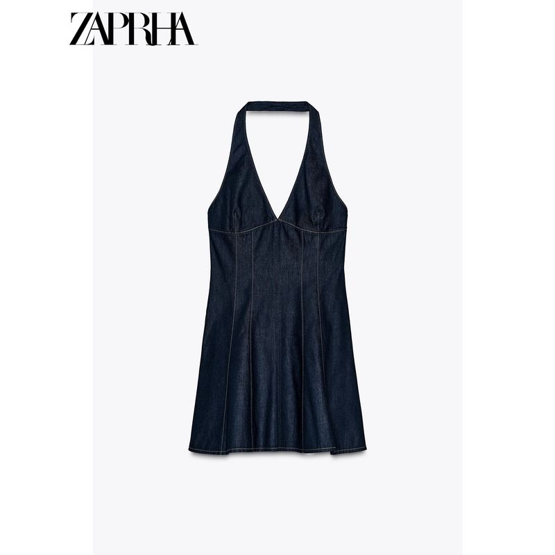 Zaprha 2025 New A Word Waist Hugging Neck Collar Cotton Denim Denim Sling Short Dress 6929086