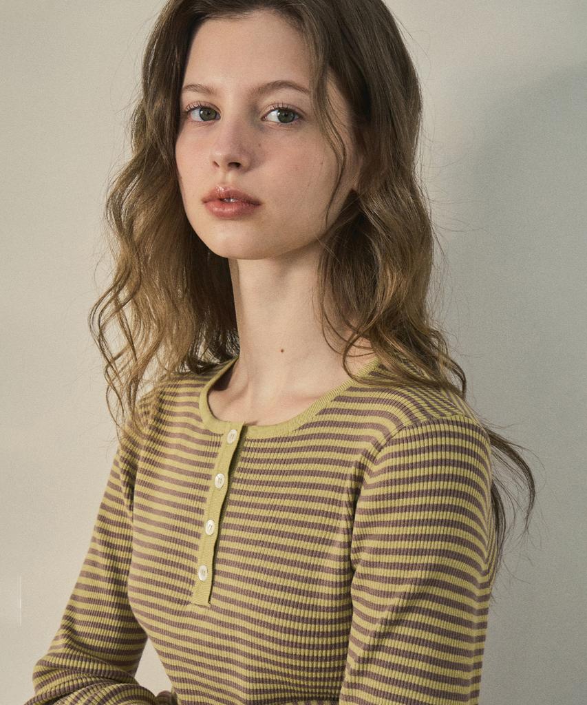 Aueonoseuteljia Chewy Ribbed Button Stripe Knit_Olive Green(Oc25-Kn02)