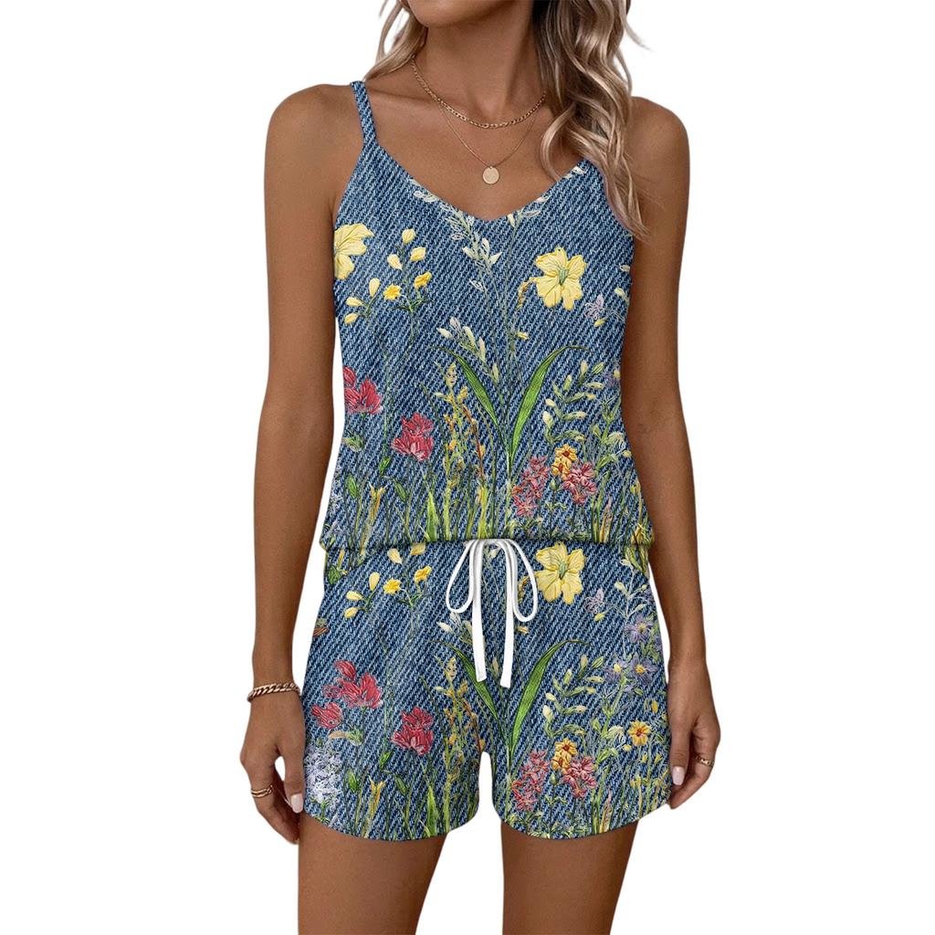 Women Summer Casual Two Piece Set Floral Print Tank Top Sleeveless Square Neck Sportswear with Pockets Shorts Lounge Wear