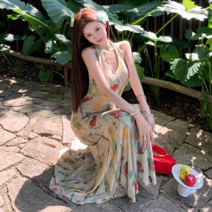 Holiday mesh printing neck dress women's summer retro temperament slim fishtail skirt slim hip wrap dress