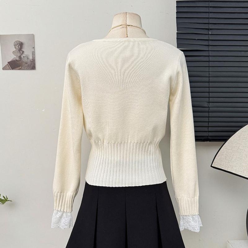 French Floral Lace Patchwork Waist Slimming Versatile Base Layer Knit Top Cropped Sweater Women