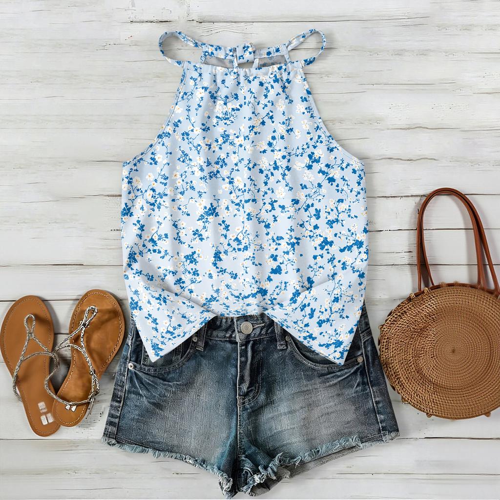 Boho Blumenmuster Ärmelloses Tanktop Leichte Sommer-Freizeitbluse Lockere Passform mit Verstellbaren Trägern für Damen