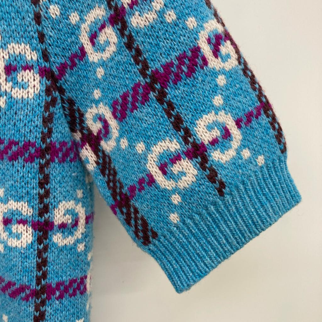 Gucci 23AW 731583 XKC1H Blue Wool Gold Button GGx Check Half Sleeve Knit Pullover Tops XS blueUsed