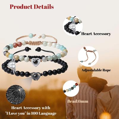 2Pcs/Set His Her Matching Bracelets Projection 100 Languages I Love You Couple Bracelets Heart Pairing Adjustable Beads Bracelets Jewelry Gift