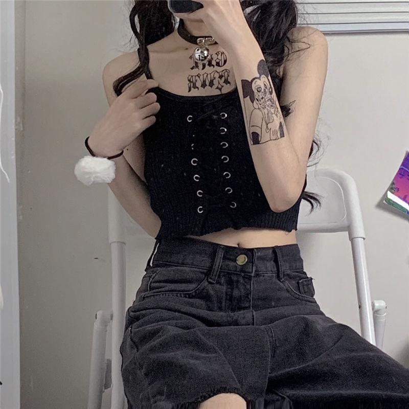 Gothic Grunge Y2k Crop Top bez zad Rukávový Dámský Kawaii Roztomilý Bílý Pletený Tílka Tank Topy Letní Móda Vesta Dámské Šněrovací Oblečení