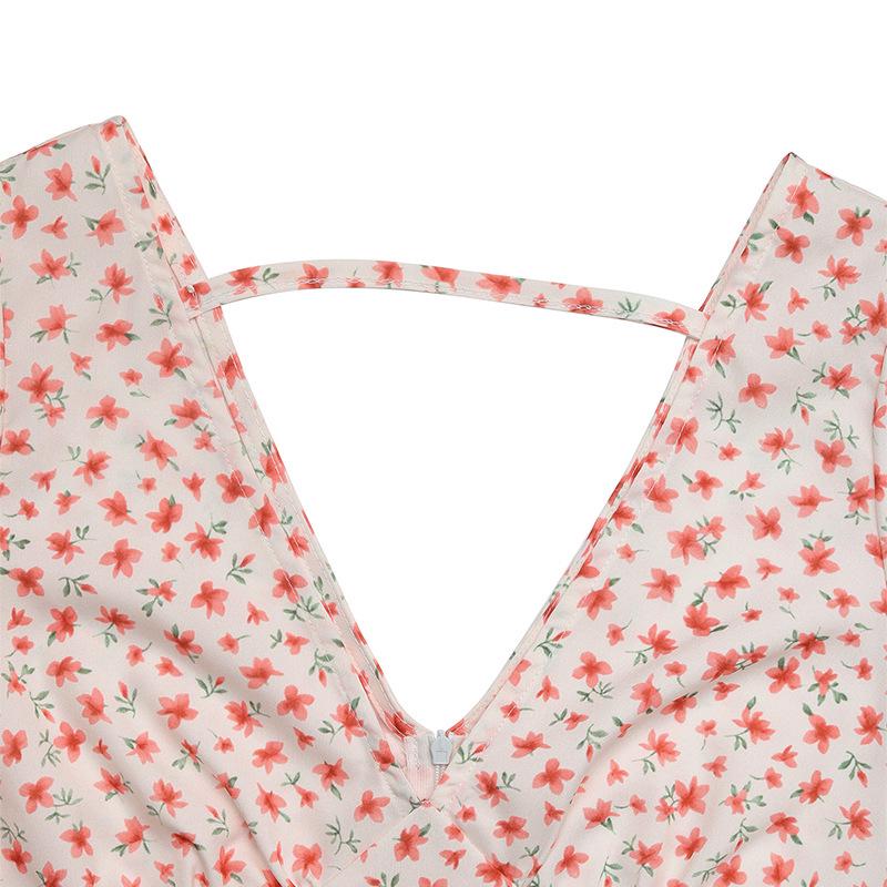 Summer 2026 Floral Print V-Neck Backless Dress – Women's Short-Sleeved Skirt