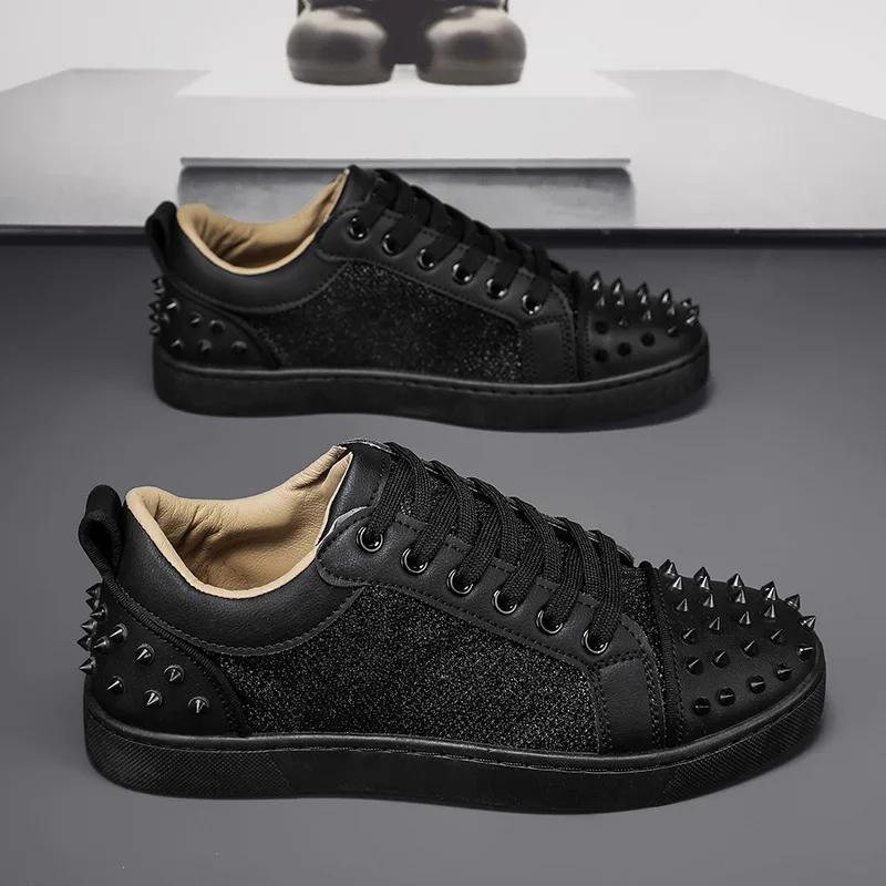 Fashion Men Sneakers Casual Designer Rivet Punk Board Shoes Fashion Leather Canvas Breathable Height Increased Flat Platform White Shoes