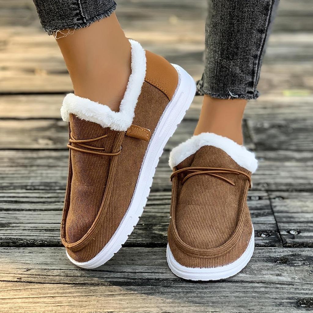 Ladies' Gray Loafers with White Fur Decorati - Comfortable Round Toe Flat Shoes, Comfortable Fabric Lining, Covering The Sole, Comfortable In Winter