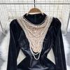 Autumn Winter Luxury Pearls Velvet Wedding Party Dress Women's Stand Collar Sparkling Sequins Beading Zipper Mini Fishtail Dresses