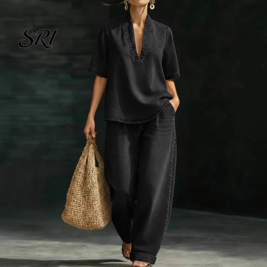 Loose Fit Summer Clothes Women's 2 Piece Denim Set Short Sleeve Lapel V Neck Pants And Top Wide Leg Tracksuit Casual Vacation Outfits with Pockets