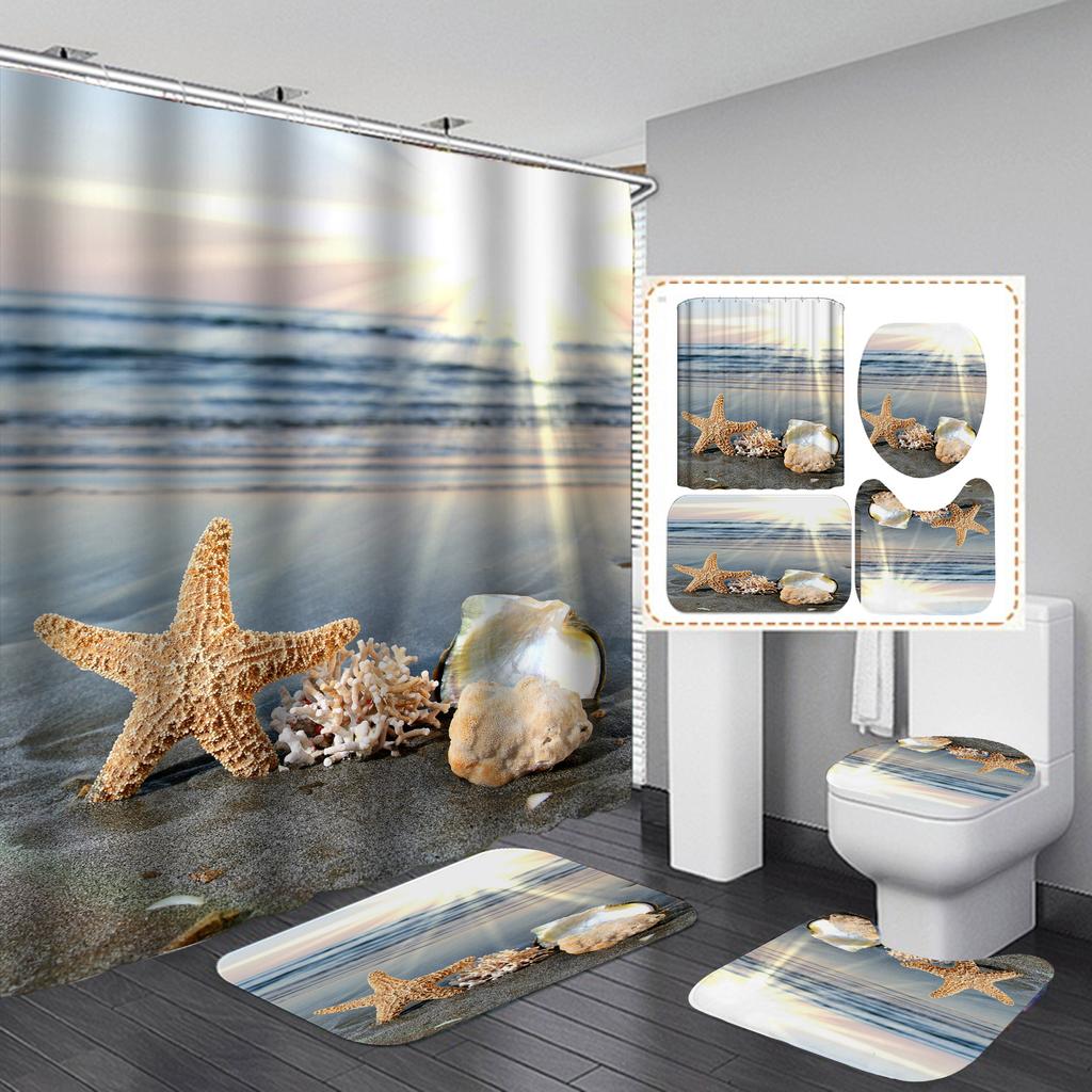 4ks Beach Starfish Series Sady sprchových závěsů do koupelny Protiskluzové Koupelnové koberečky Víko WC Kryt Koupelnová předložka