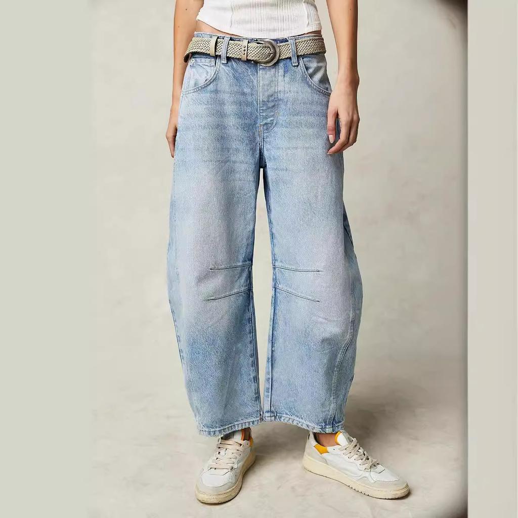Women's Loose Fit Blue Jeans Distressed Wide Leg Pants with Raw Hem and Patchwork Design