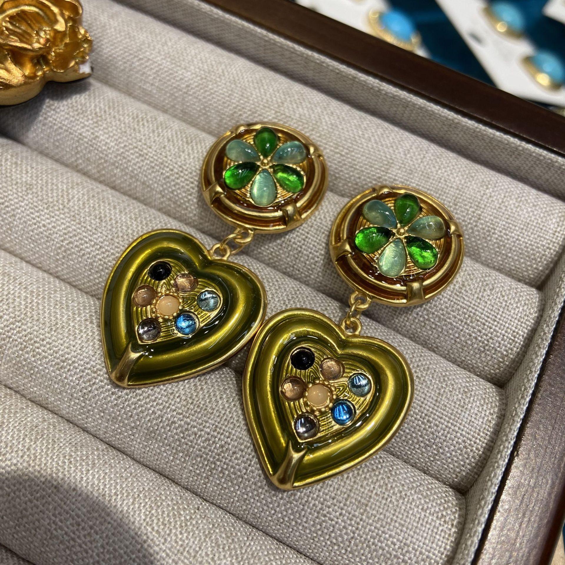 

Винтажные серьги в стиле суда с эмалью, капающей с масла, зеленые глазурованные серьги с надписью «Любовь», серьги с медным позолотой, сохраняющие цвет, круглые серьги