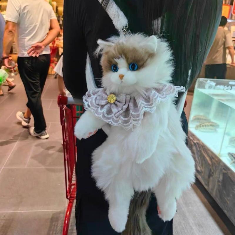 Superrealistischer Drei-Blumen-Katzen-Rucksack, rein handgefertigt, niedliche Katzen-Plüschpuppe, Einkaufstasche, Reiseaufbewahrung, Make-up-Tasche, Geburtstagsgeschenk