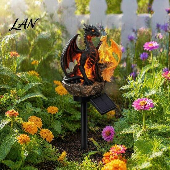 Waterproof Patio Landscape Lighting Dragon Solar Garden Light, Outdoor Gothic Medieval Statue Lamp, Weather Resistant Resin Decor Sculpture