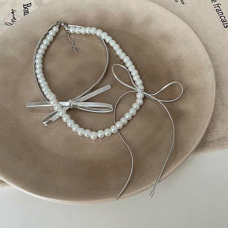 Leather Bow Pearl Double Necklace Women'S Design Sense High Fashion Trend Personality Versatile Neck Chain Collarbone Chain