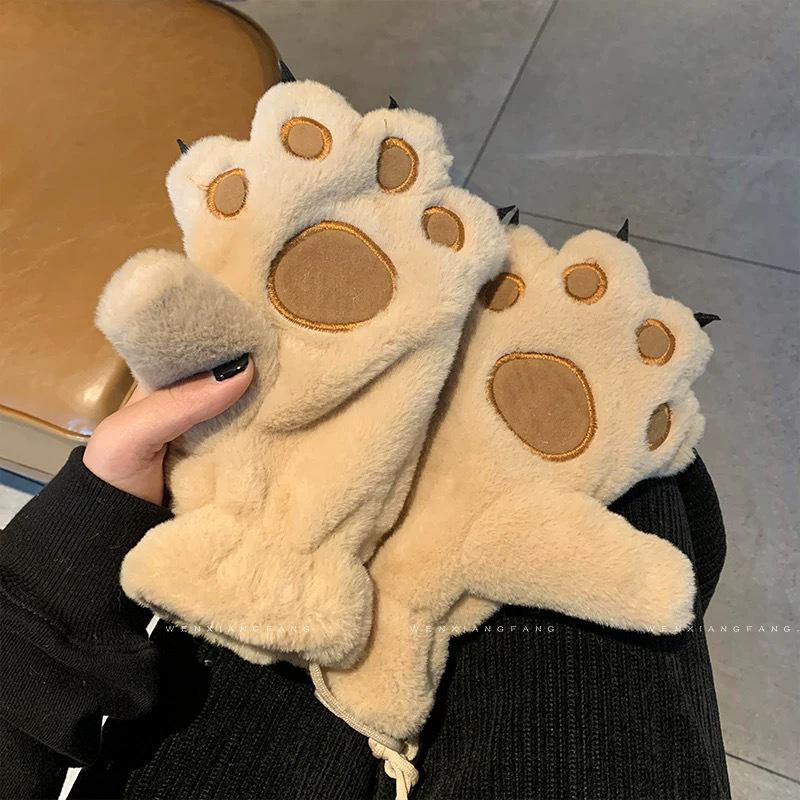 Cute Cartoon Bear & Cat Paw Plush Winter Gloves for Women and Students - Fleece Lined, Neck Hanging, Cold-Proof, Trendy for Cycling