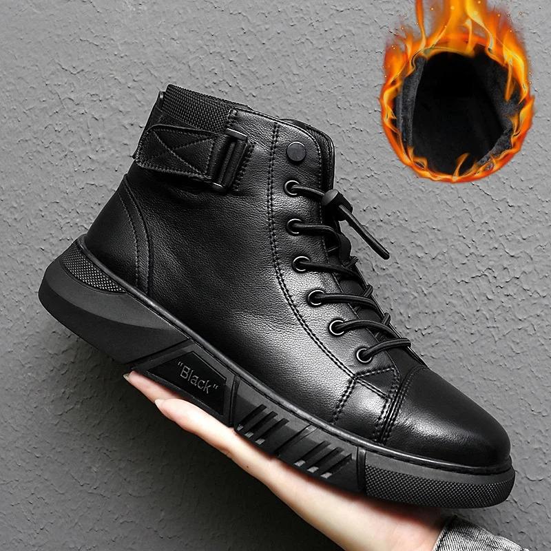 Ankle Boots Men Black PU Leather Shoes Autumn Winter Comfortable Platform Casual Shoes High-top  Fashion Leahter Boots Man