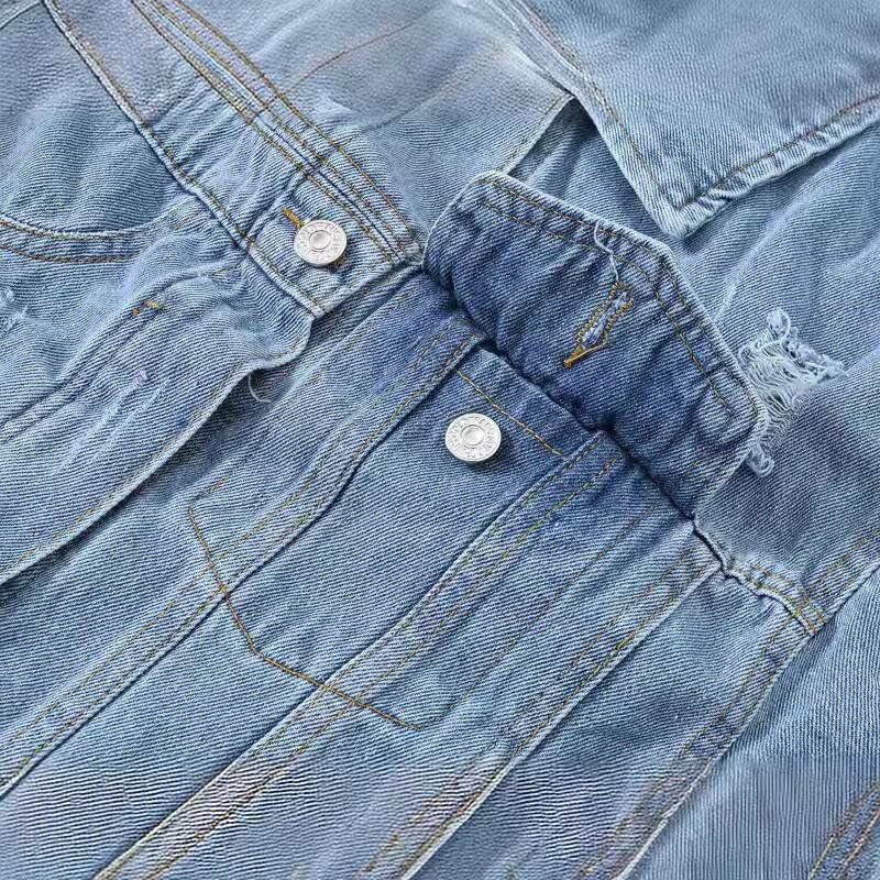 Women's Retro Patchwork Denim Jacket with Frayed Hem - Spring/Autumn, Slimming, Loose Fit, Plus Size, Casual Trend