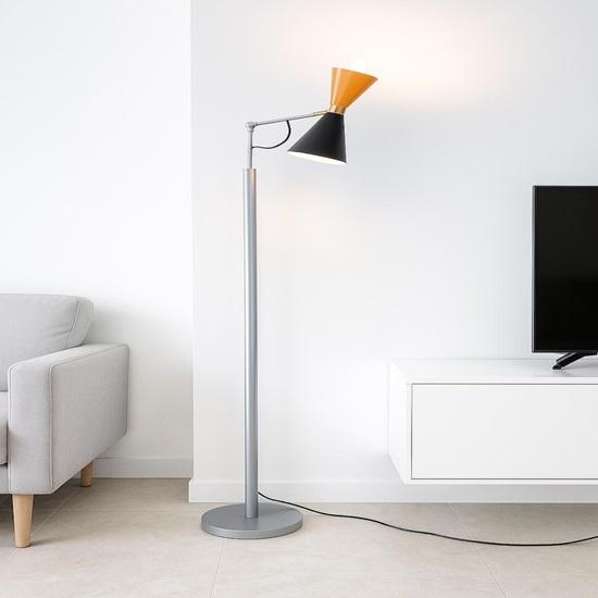 Mid Century Italian Stilnovo Adjustable Floor Lamp, Black Amber Brass, 210.82 cm Dual Tone