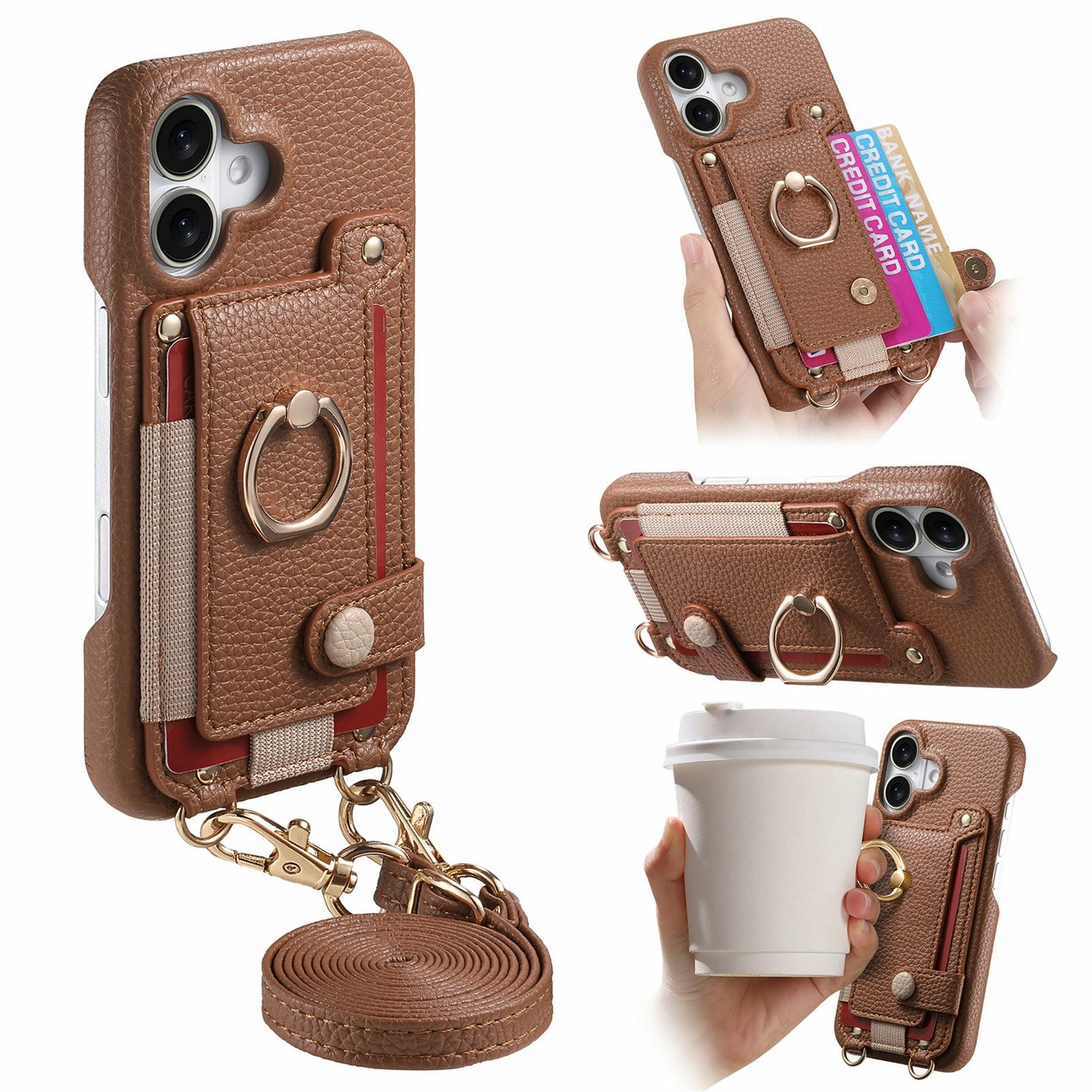 

For iPhone 17 Case Card Holder Ring Kickstand Leather + PC Phone Cover with Shoulder Strap