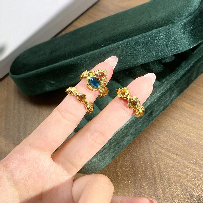 Medieval Imitation Tiger'S Eye Stone Flower Personalized Retro Opening Ring Niche High-End Light Luxury Personalized Ring Woman