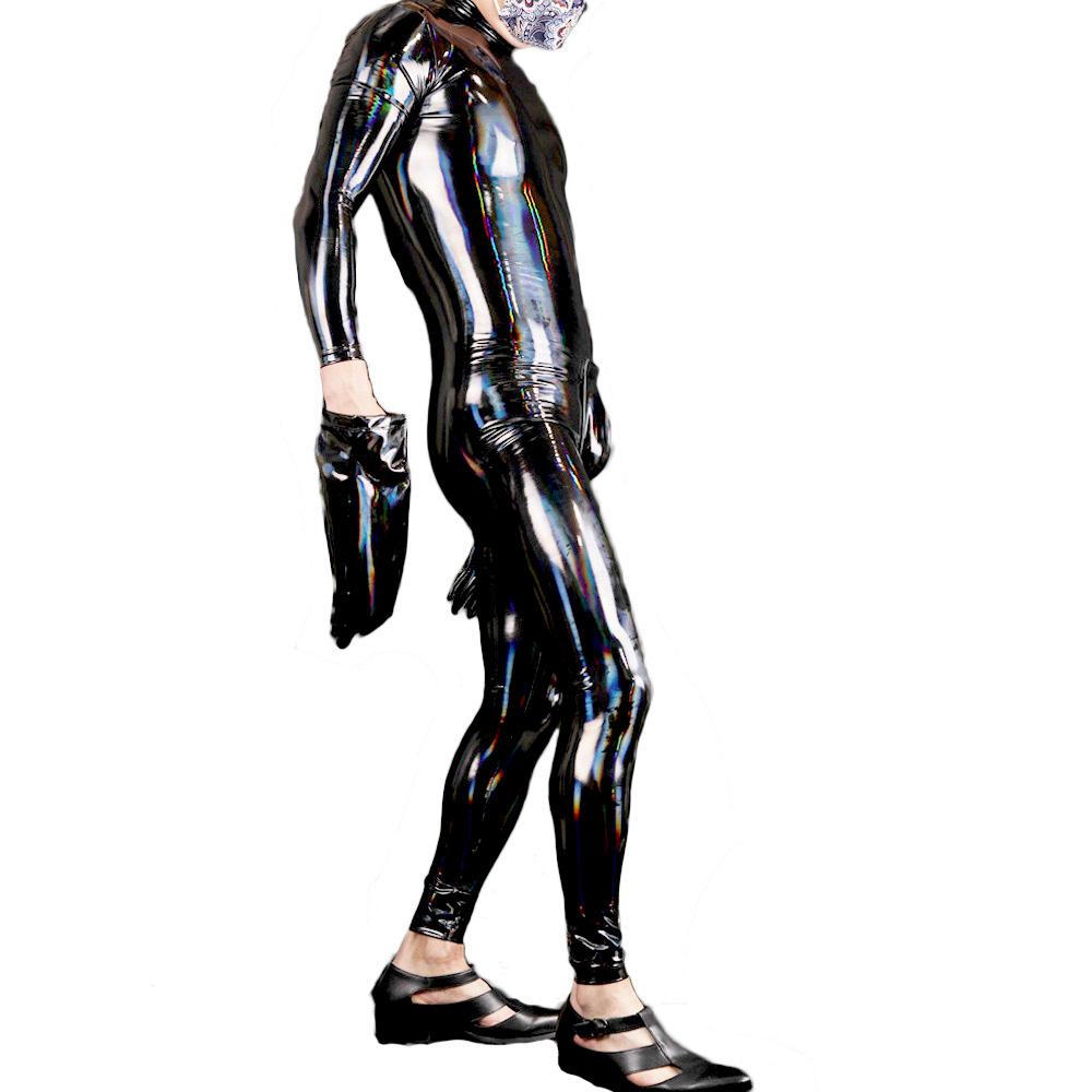 Sexy Men Faux Latex Pu Bodysuit Cosplay Wetlook Maid Tights Zentai Full Body Cover Bodysuit Club Catsuit Outfits Maid Leotard