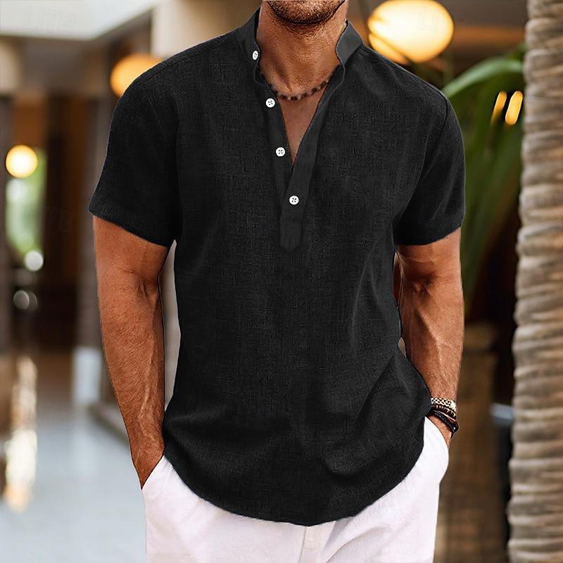 Summer Solid Color 3D Print Henley Shirts Men's Casual Oversized Button Stand Collar Short Sleeve T Shirt Tees Tops Man Clothing