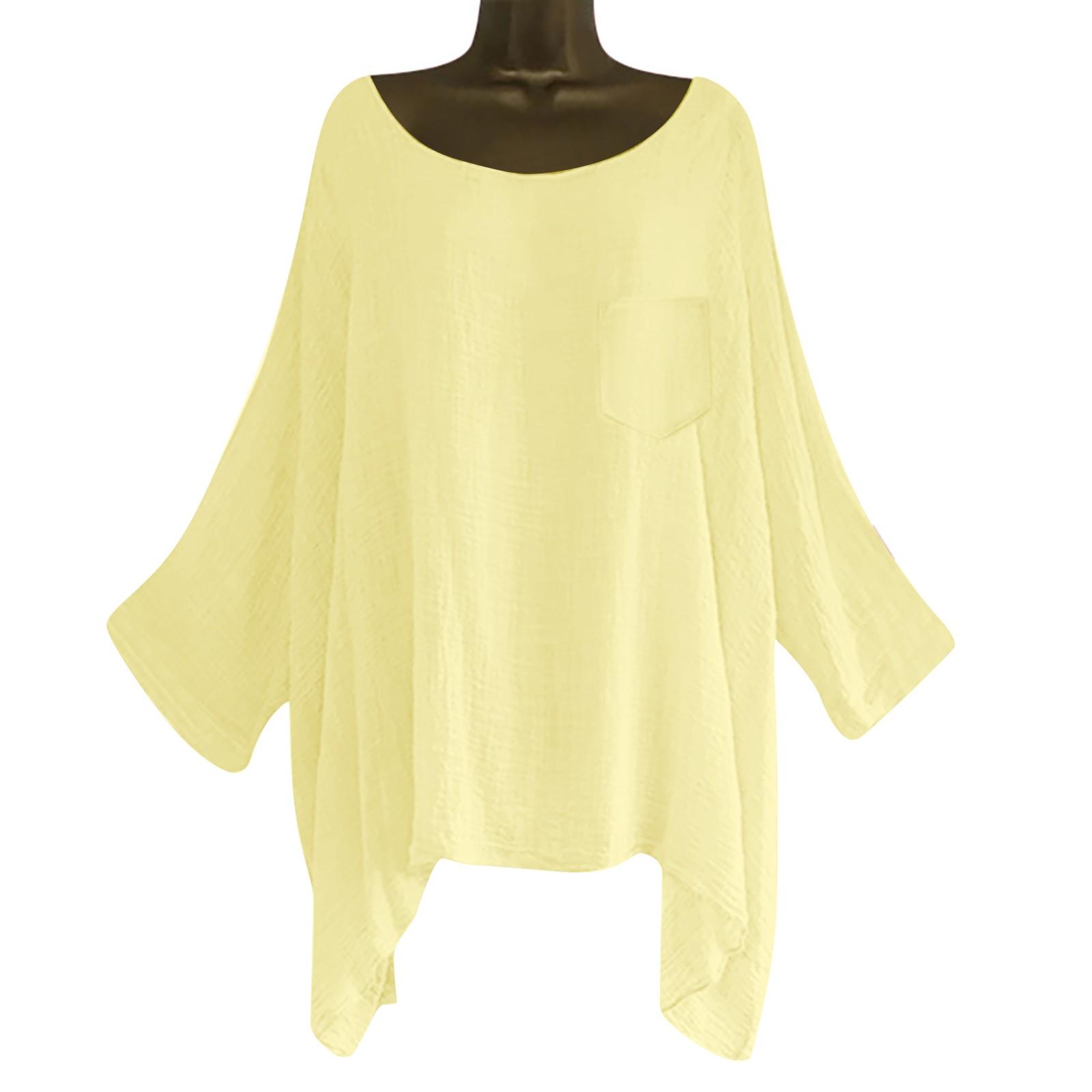 

Женские хлопковые льняные блузки с рукавом 3/4, футболка с круглым вырезом, однотонная рубашка L жёлтый