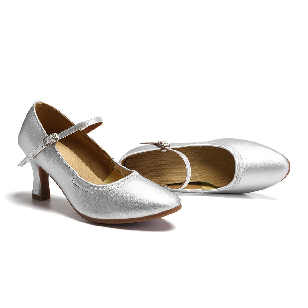 Leather Modern Dance Shoes for Women Soft Rubber Sole Party Ballroom Dancing Shoes Heel 7CM Close Toe