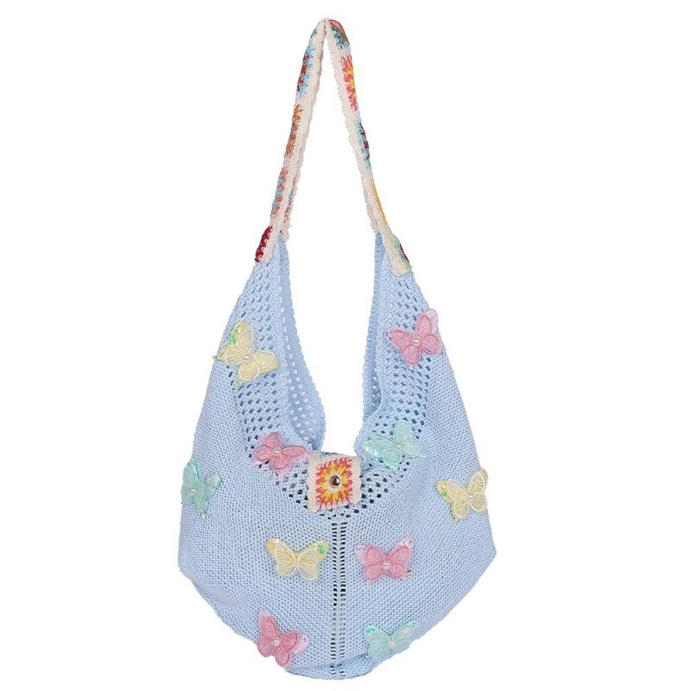 Fashion Large Capacity Women Shoulder Bag Butterfly Floral Crochet Hollow Out Knitted Handbag Vintage Multicolor Crossbody Bags