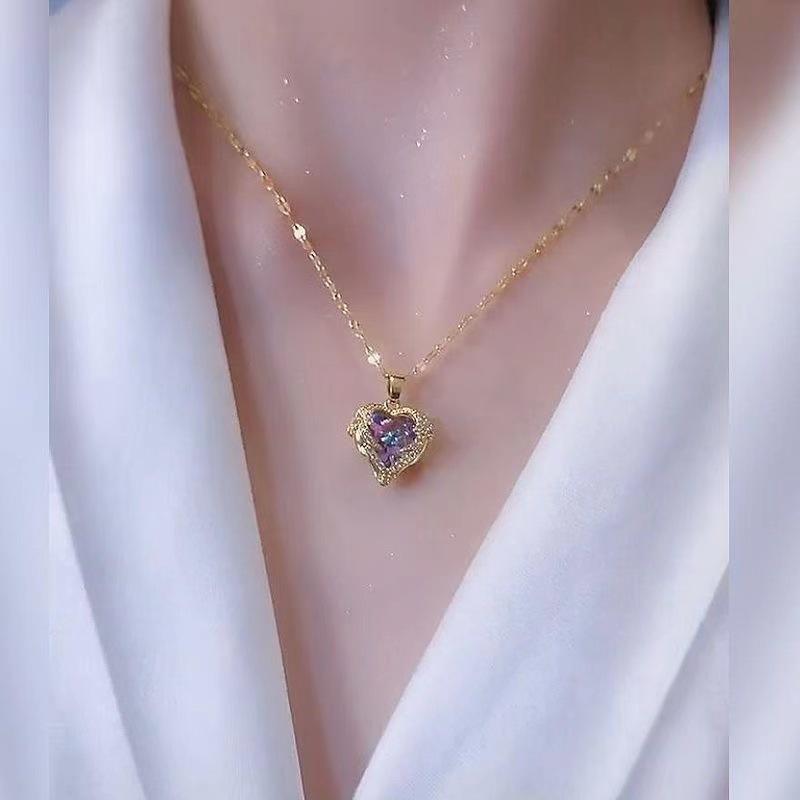Light Luxury Blue-purple Artificial Crystal Ocean Heart Necklace A Sense of Sophistication Does Not Fade Collarbone Necklace Ladies' Pendant