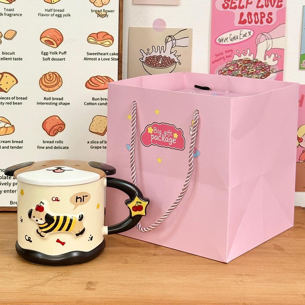 Smart Dachshund Dog Ceramic Cup Mug with Lid Student Water Cup Home Souvenir Birthday Gift Couple Cup