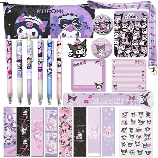 Cartoon Kawaii Set Including Bookmarks Pens Card Holders with Lanyard Sticky Note Ruler Stickers Button Badges Keychain