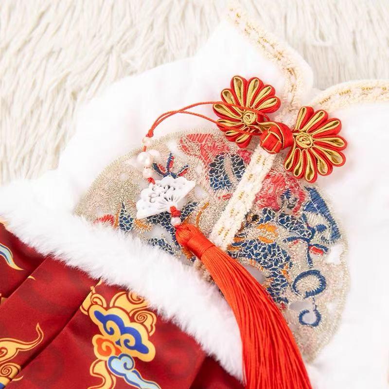 New Year Winter Tang Suit for Pets: Dog & Cat Attire with Mink Skirt