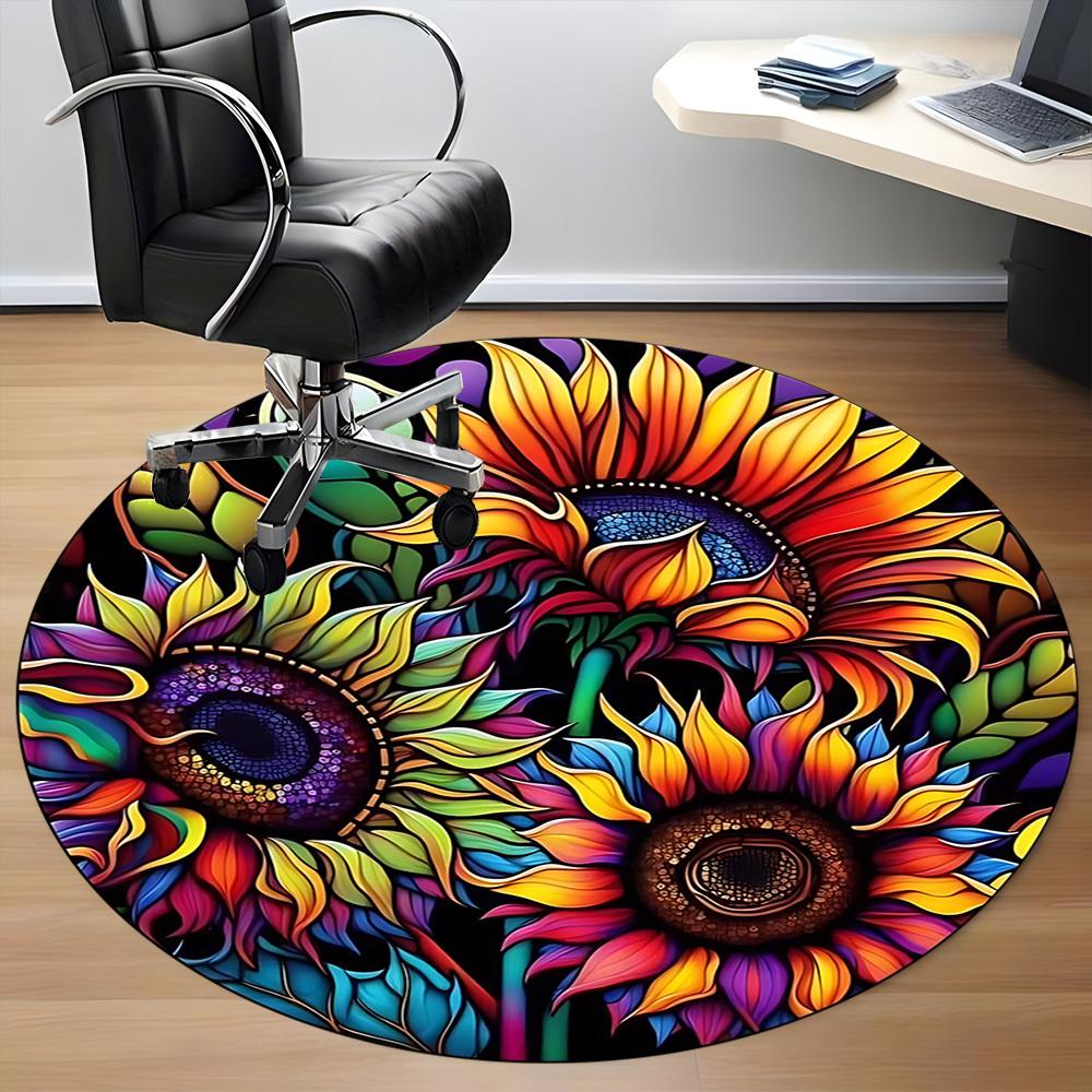 1 Stück Bunter Sonnenblumen-Buntglas-Stuhlteppich für das Büro, Runde Polyestermatte, Büro, Pflegeleichtes Gewebe, Waschbarer rutschfester Teppich