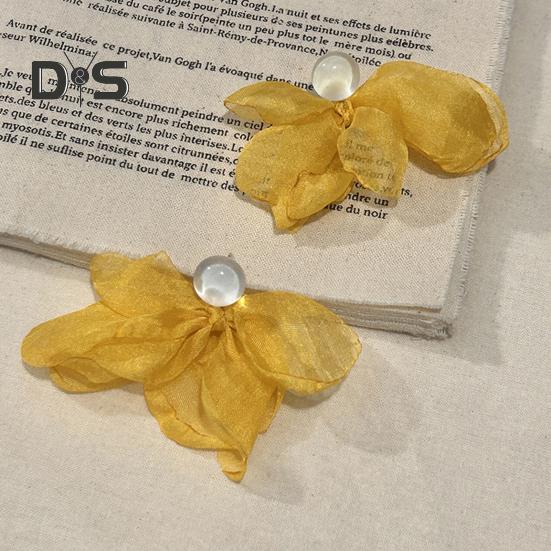 Women Mesh Petal Drop Earrings Handmade Large Chiffon Floral Dangle Earrings Vintage Stud Earrings for Vacation Wedding