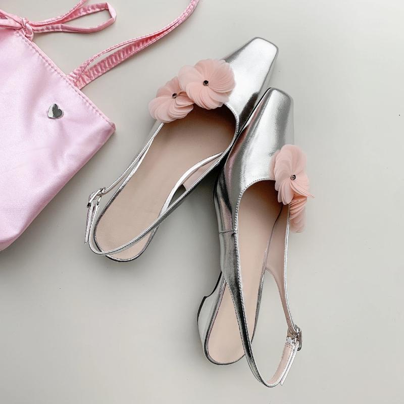 

Fashion Elegant Purple Flower Decoration Low Heel Pumps Women Fashion Square Toe Back Strap Buckle Designer Shoes Cozy Shallow Sandalias 40 серебряный