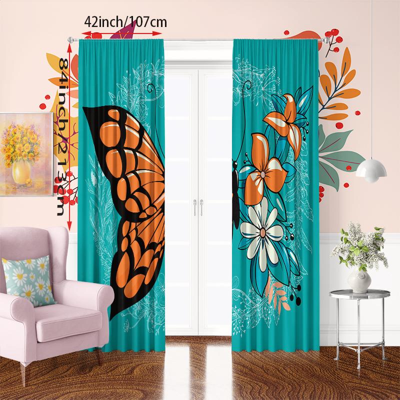 2PCS- Flower and Butterfly - Printed Curtain - Polyester Material - Suitable for Bedrooms, Living Rooms, Study Private Spaces