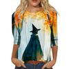 Women's Halloween Print Three-Quarter Sleeve Round Neck Casual T-Shirt Top