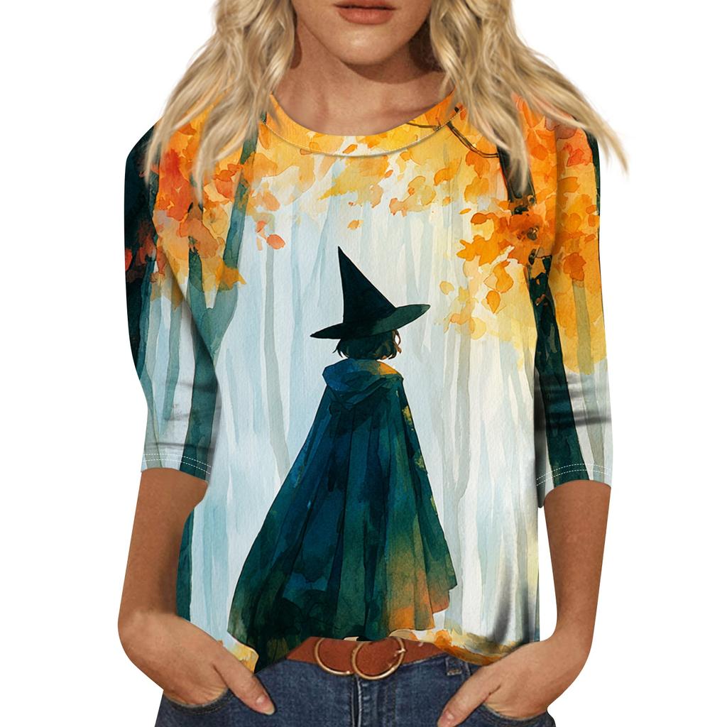 Women's Halloween Print Three-Quarter Sleeve Round Neck Casual T-Shirt Top