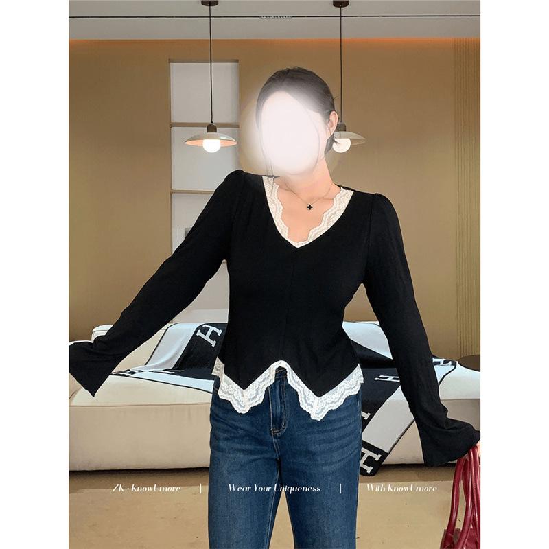 

Женская футболка больших размеров с кружевной вставкой, V-образным вырезом, рукавом-клеш, осенне-зимнего стиля – стройнящая L (Recommended for 100-120 lbs) чёрный