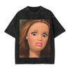 Distressed Doll Face Graphic Print Funny Meme Harajuku Fashion Tshirt Women Men Vintage Washed Oversized Top Cotton Summer Tees