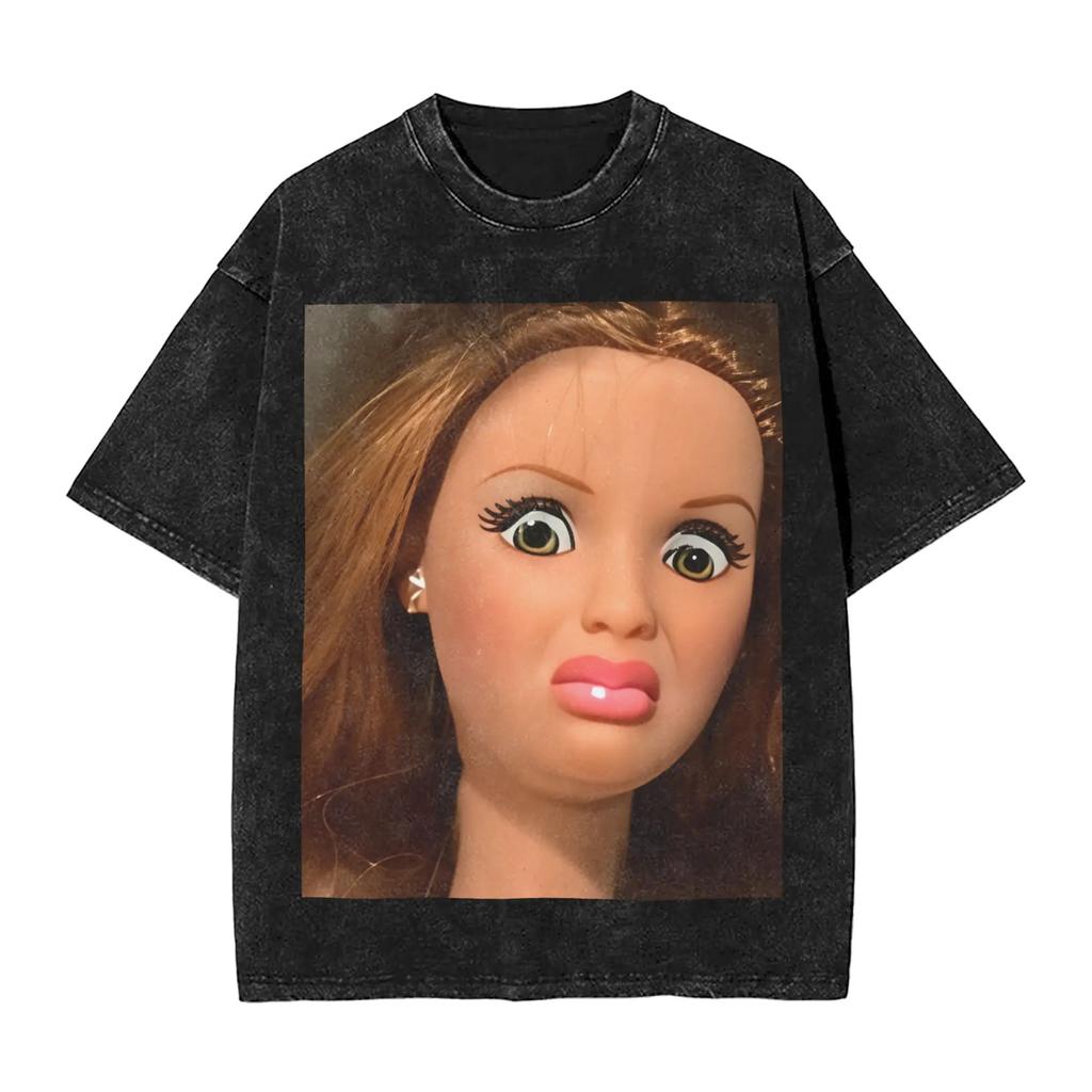 Distressed Doll Face Graphic Print Funny Meme Harajuku Fashion Tshirt Women Men Vintage Washed Oversized Top Cotton Summer Tees