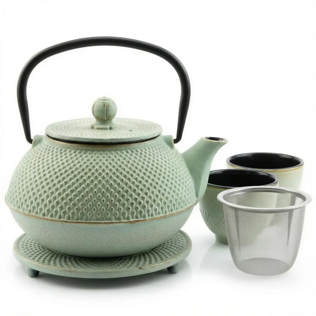 CAST IRON KETTLE POT MINT 0.8L SET 1x POT 2x CUPS WITH STAND